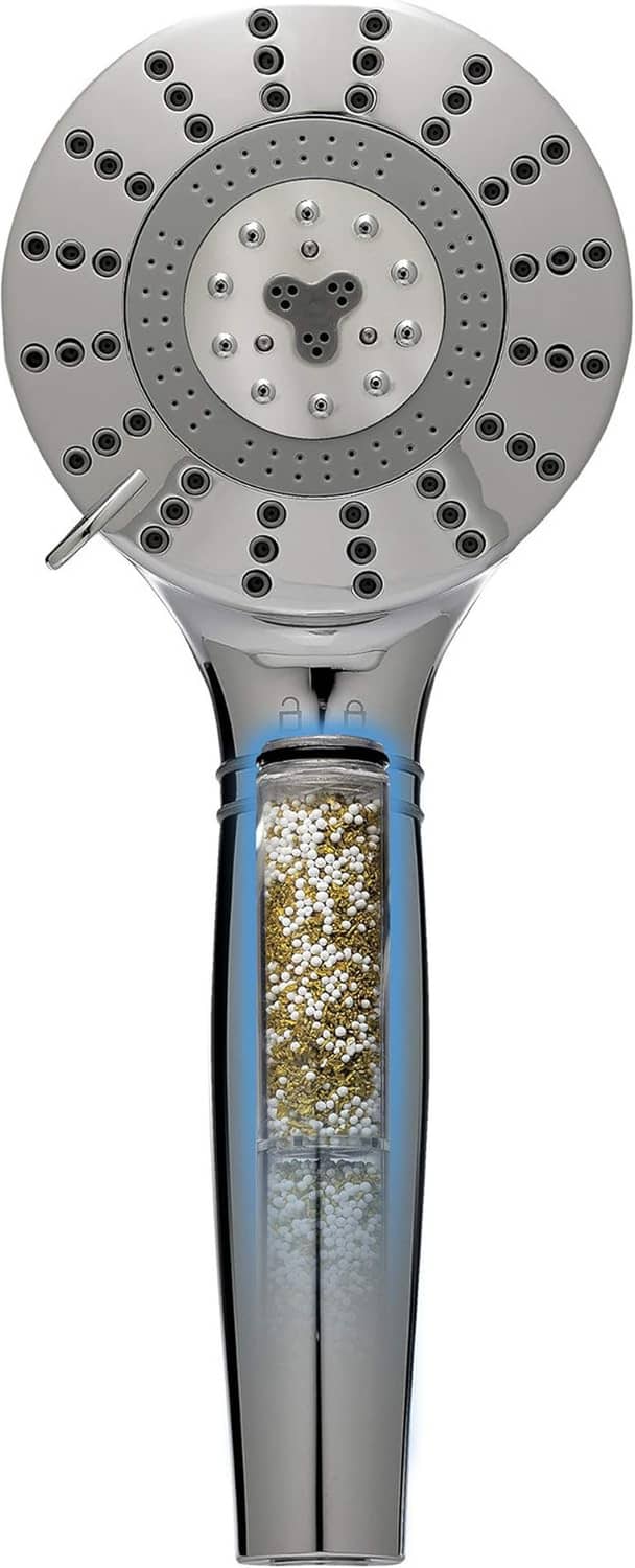 Chrome shower head with visible filter cartridge inside the spray face
