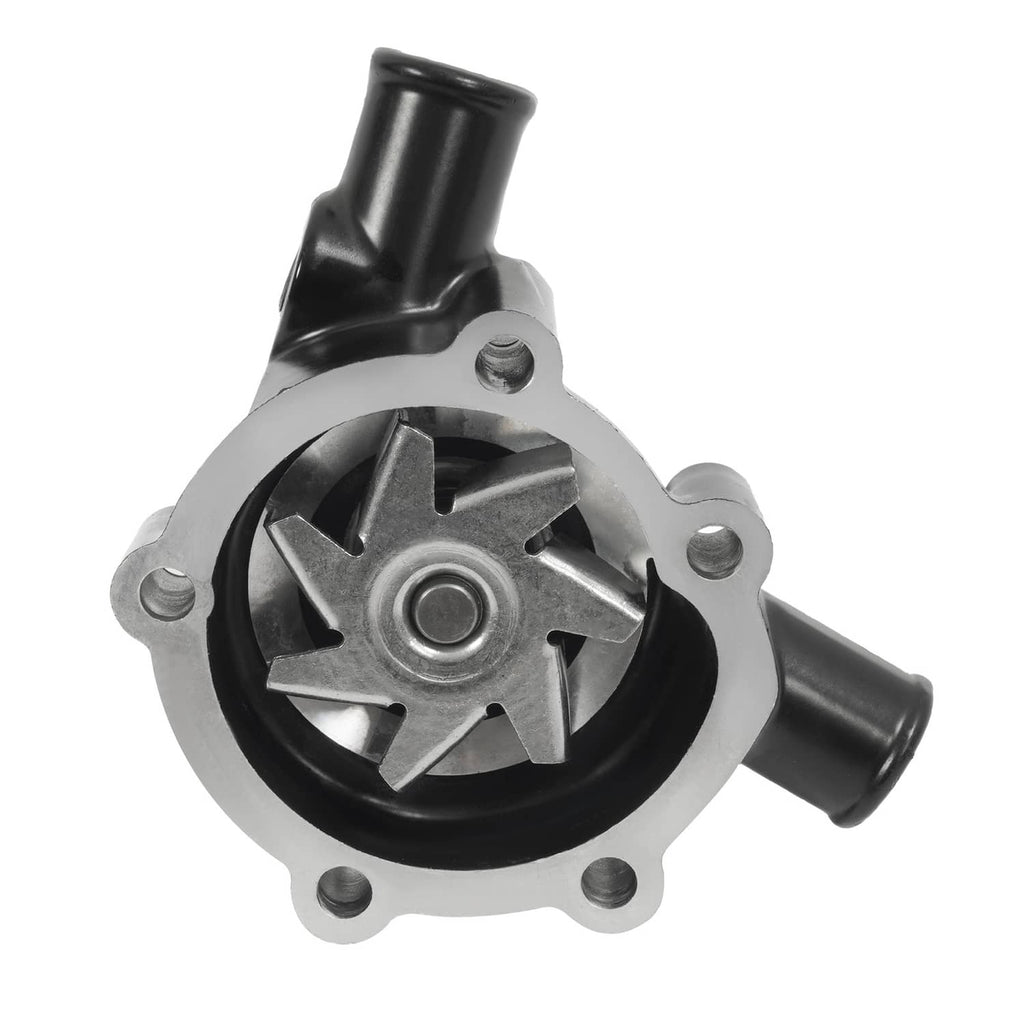 Water pump with silver mounting flange, black impeller cover, and side hose outlet