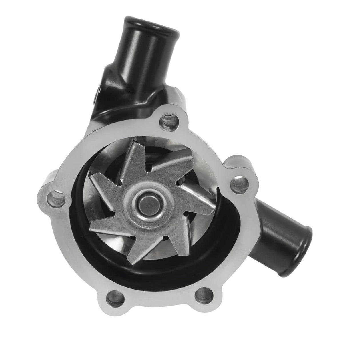 Water pump with silver mounting flange, black impeller cover, and side hose outlet