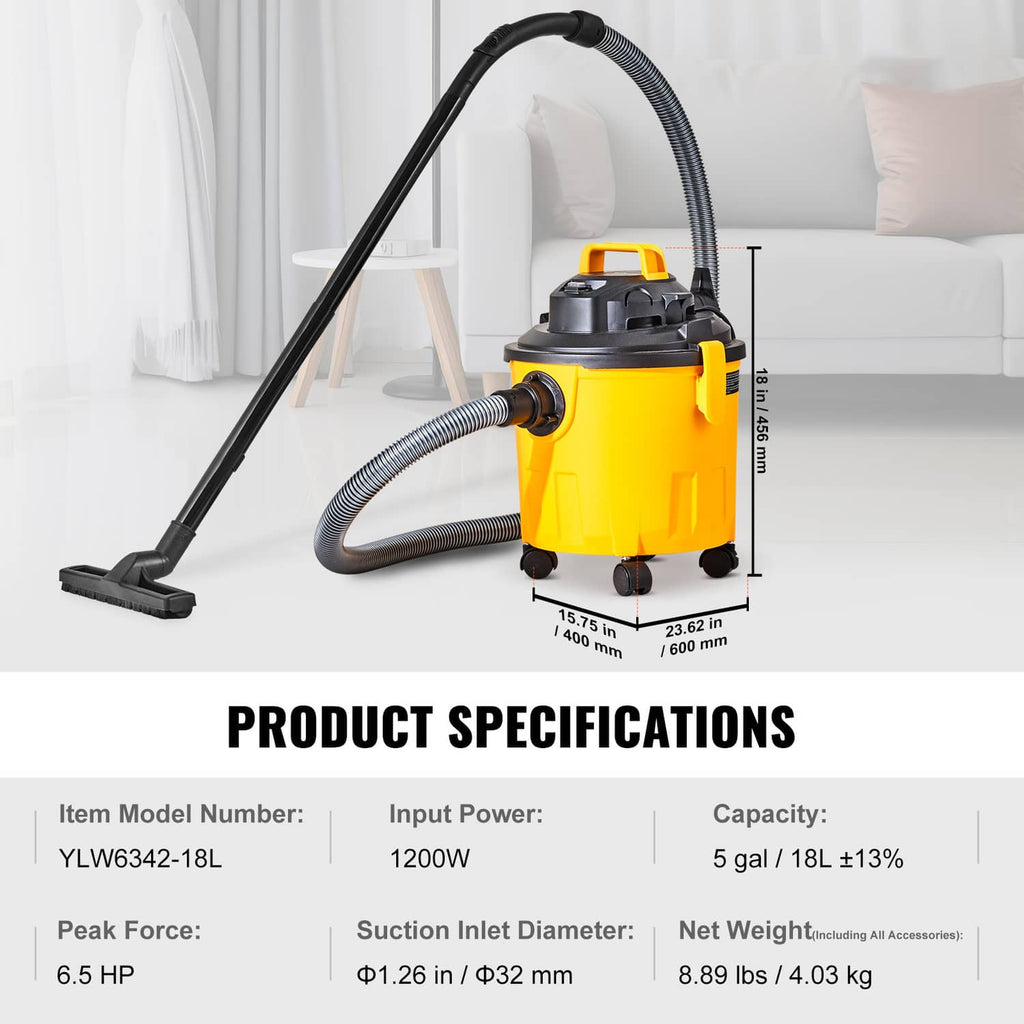 Wet/dry shop vacuum with attached hose and floor nozzle, yellow tank