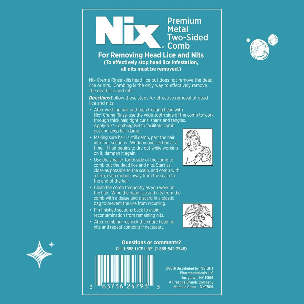 Premium metal 2-sided lice removal comb on package back panel