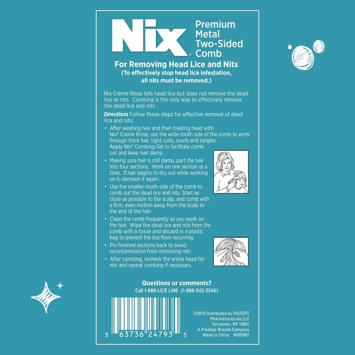 Premium metal 2-sided lice removal comb on package back panel
