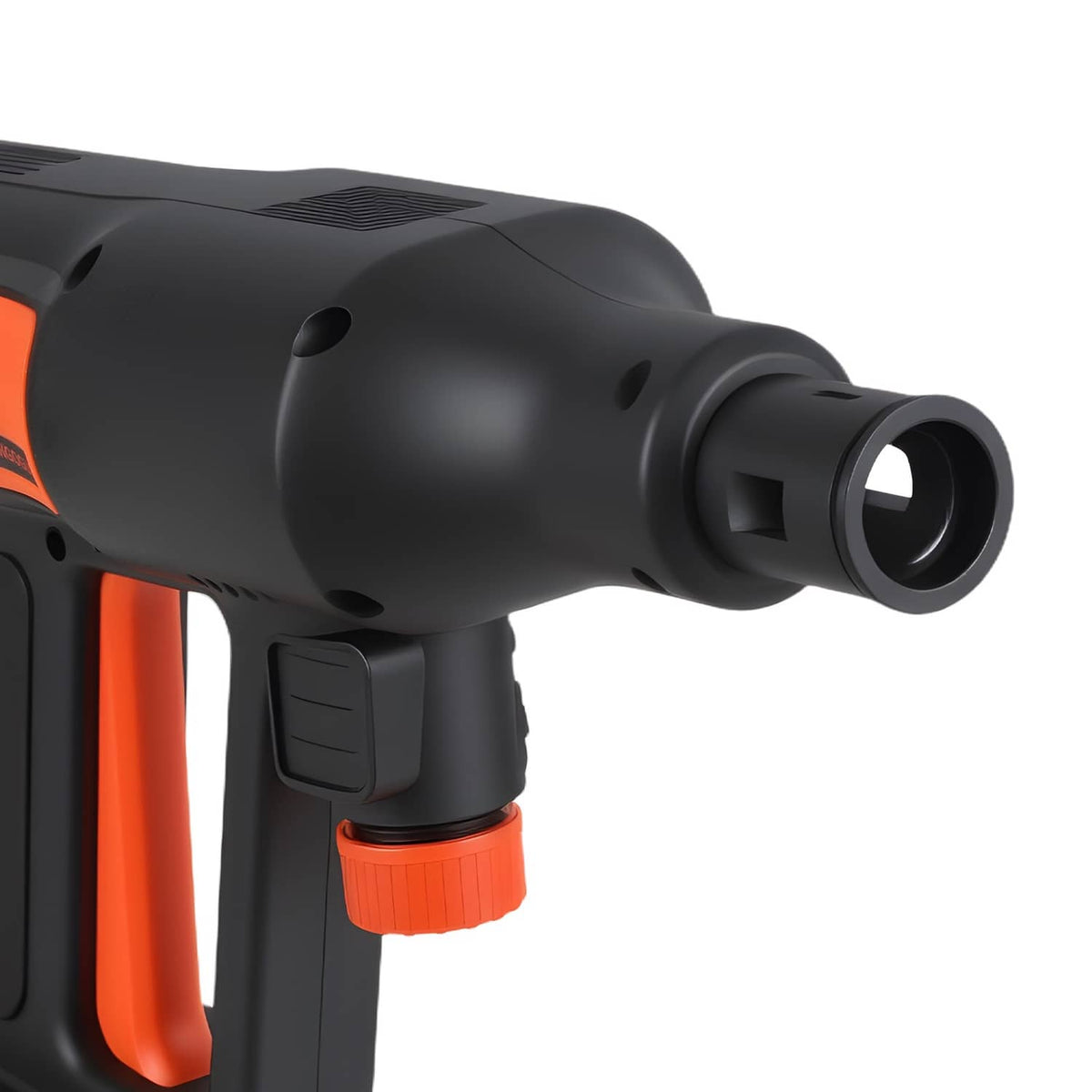 Handheld cordless pressure washer sprayer with orange accents and trigger grip