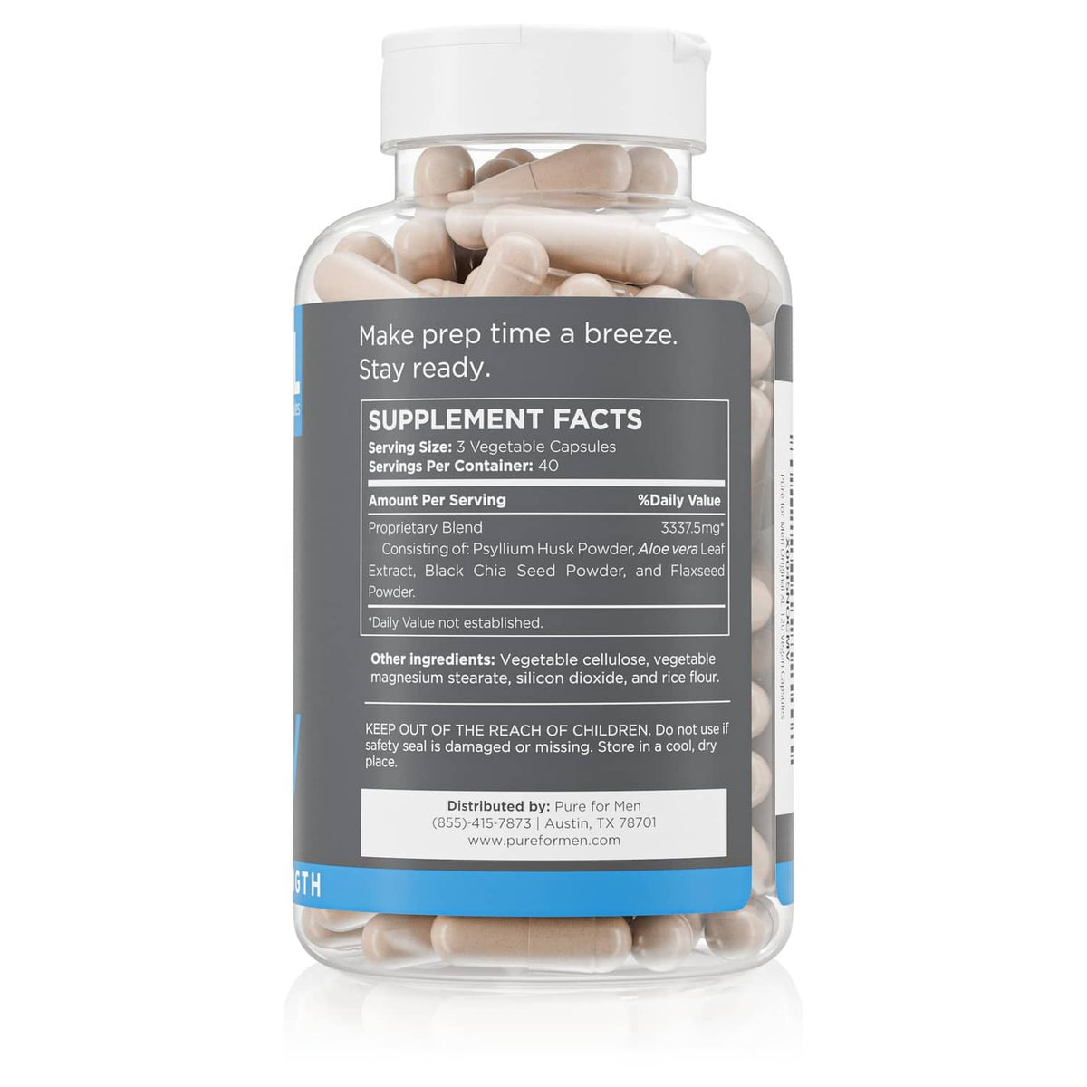 Stay ready psyllium fiber supplement bottle back panel with supplement facts and directions