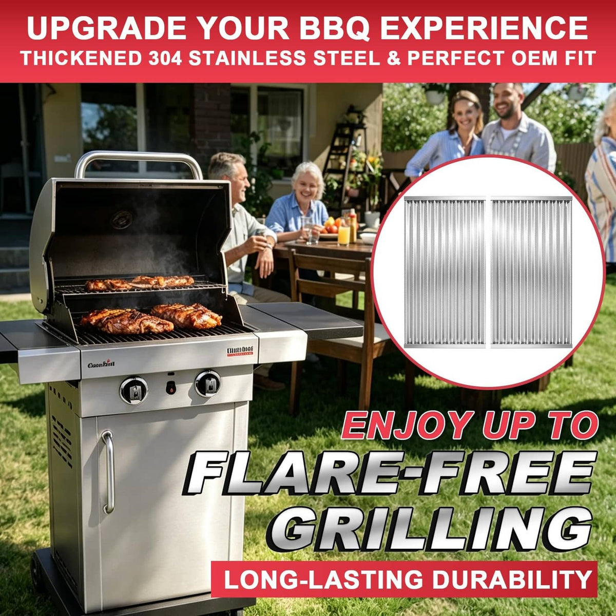 Stainless steel emitter plates shown installed on a BBQ grill lid