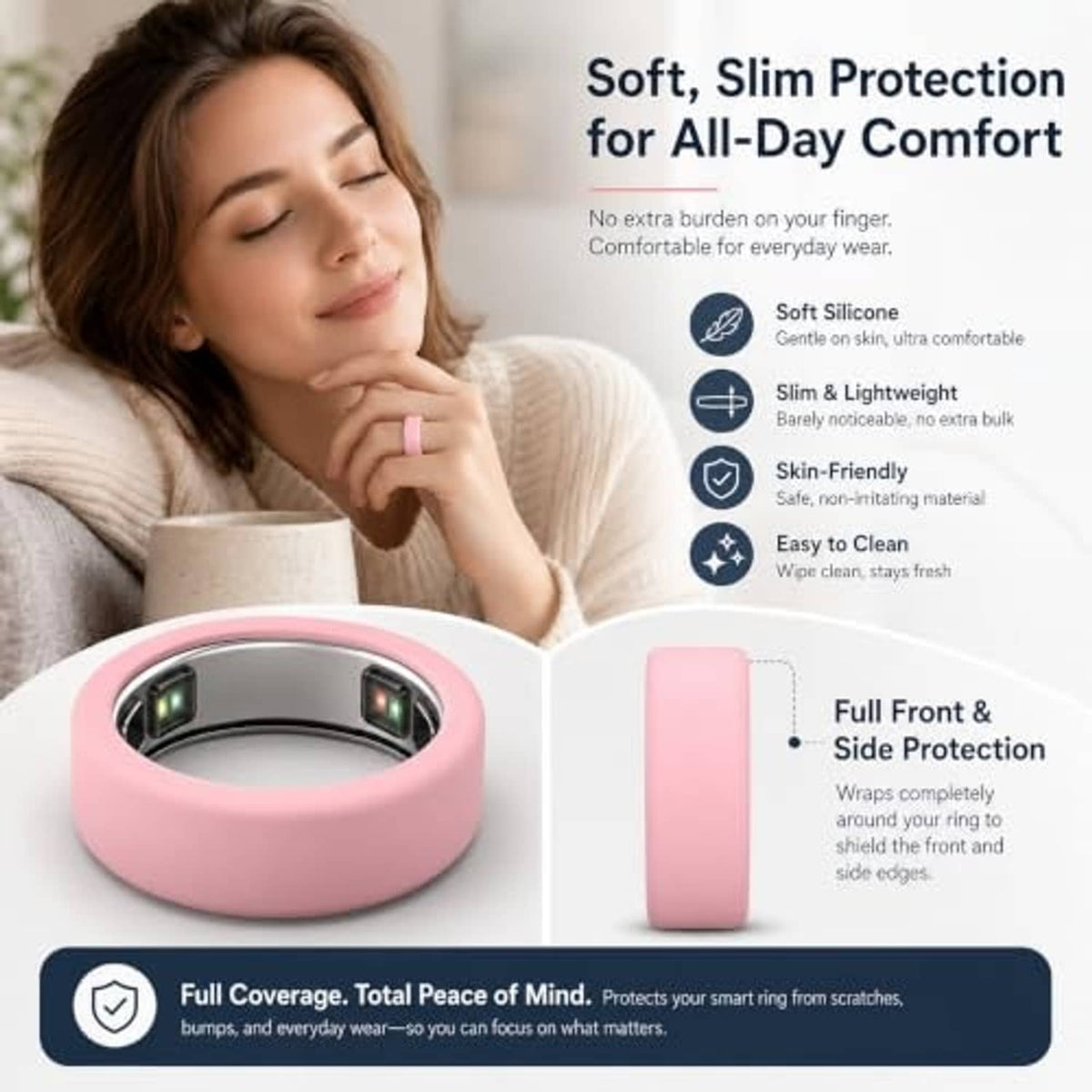 Pink silicone ring cover laid open, showing front and side protection shield