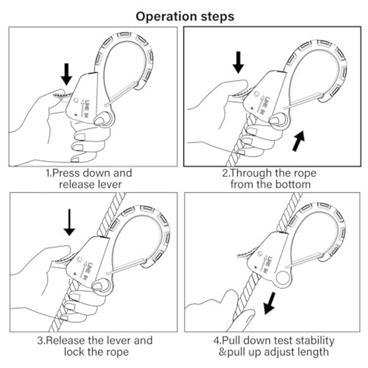 Anchor hook operation steps diagram with lever, rope threading, and pull-lock