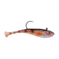 Yellow perch soft plastic fishing bait with attached hook and fin tail