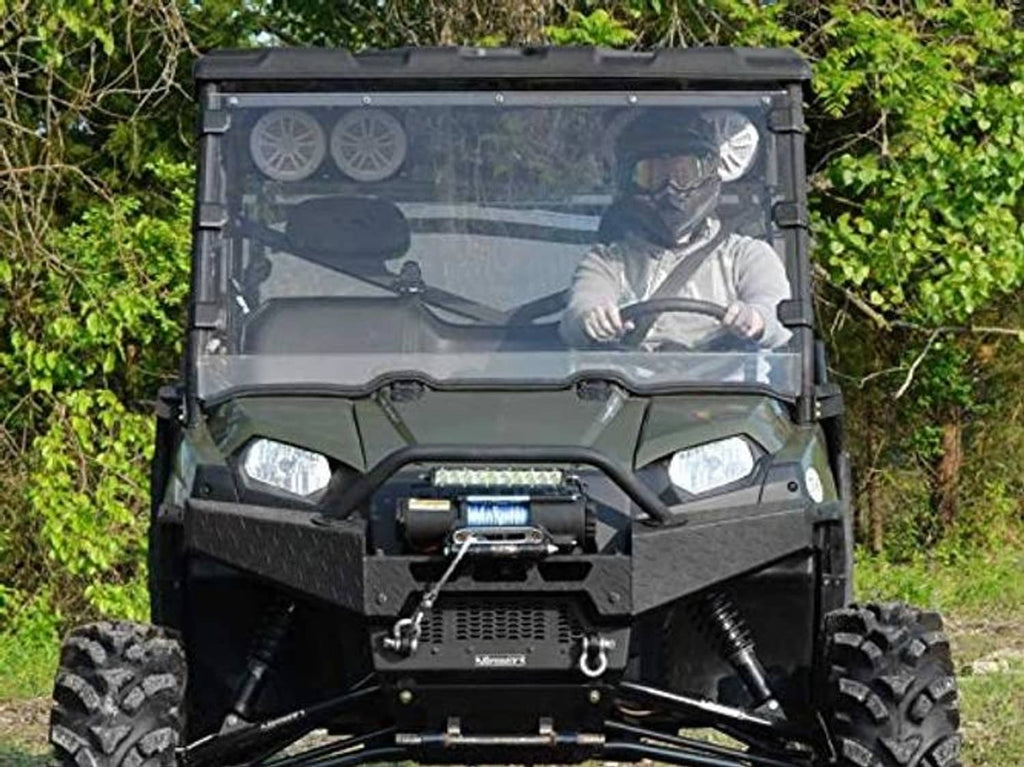 Clear full windshield panel on UTV with black surround and front mounting frame