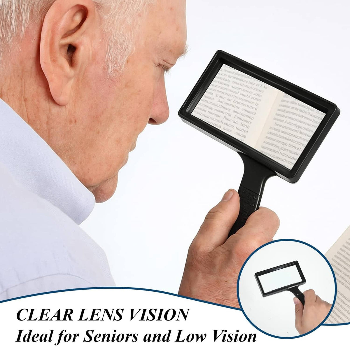 Black rectangular magnifier held near a book page with textured grip