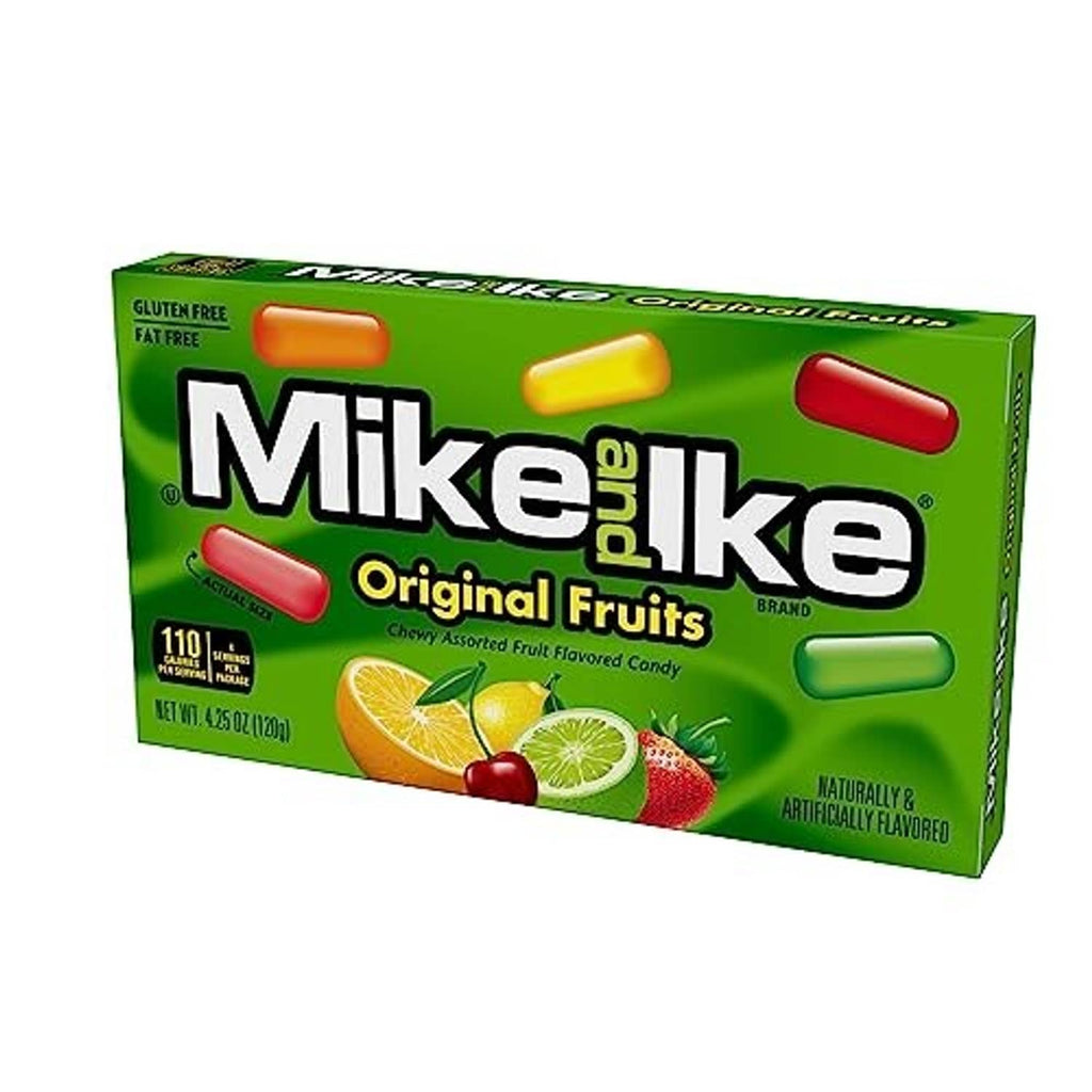 Mike and Ike Original Fruits candy box, angled front with fruit flavor mix graphics