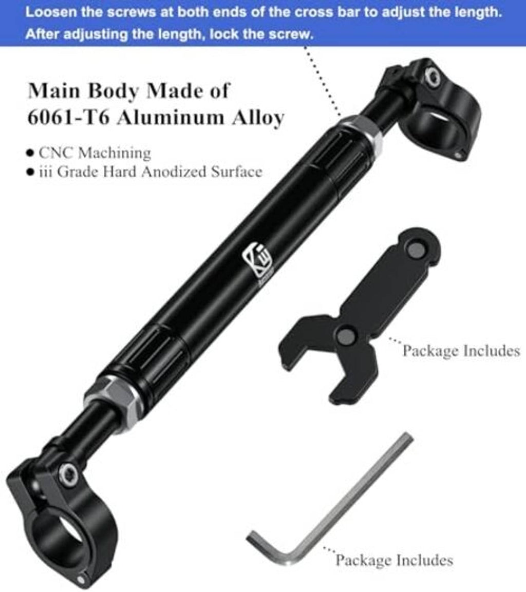 Black aluminum motorcycle cross bar with end mounts and included hex wrench