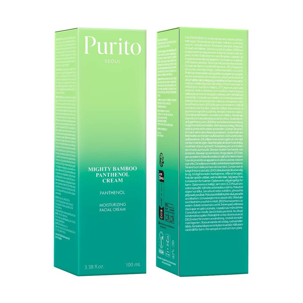 Mighty bamboo panthenol facial cream box, green packaging front and back views