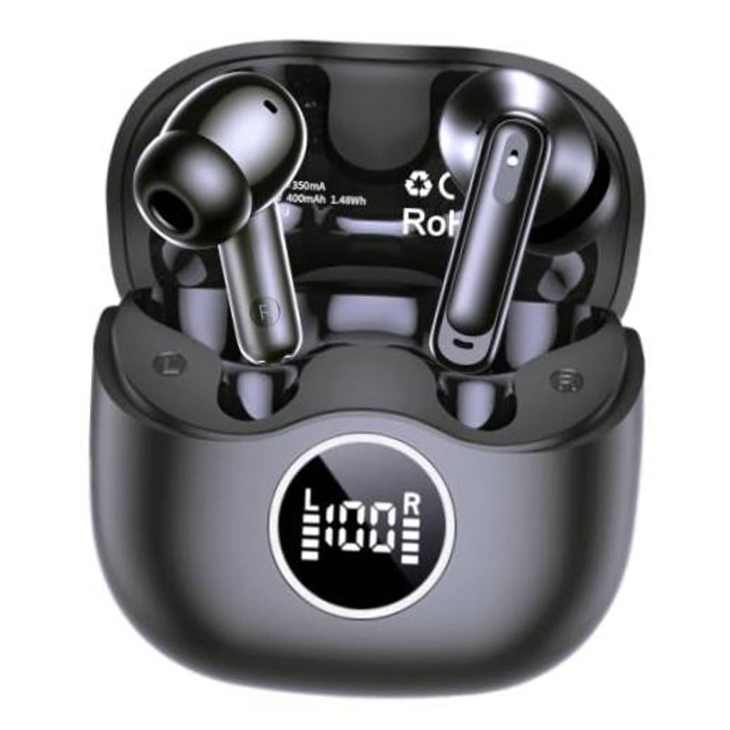 Black wireless earbuds in charging case, showing left and right earbuds