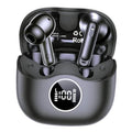 Black wireless earbuds in charging case, showing left and right earbuds