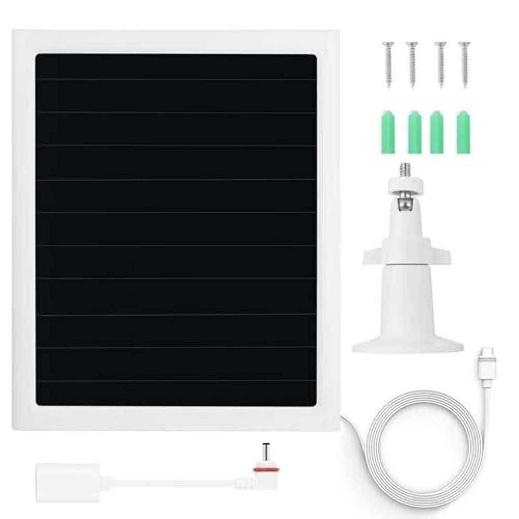 White solar panel charger kit with black panel, mounting hardware, cable, and stand