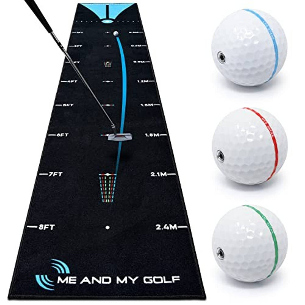 Black putting mat with blue break line and three golf balls on a white background