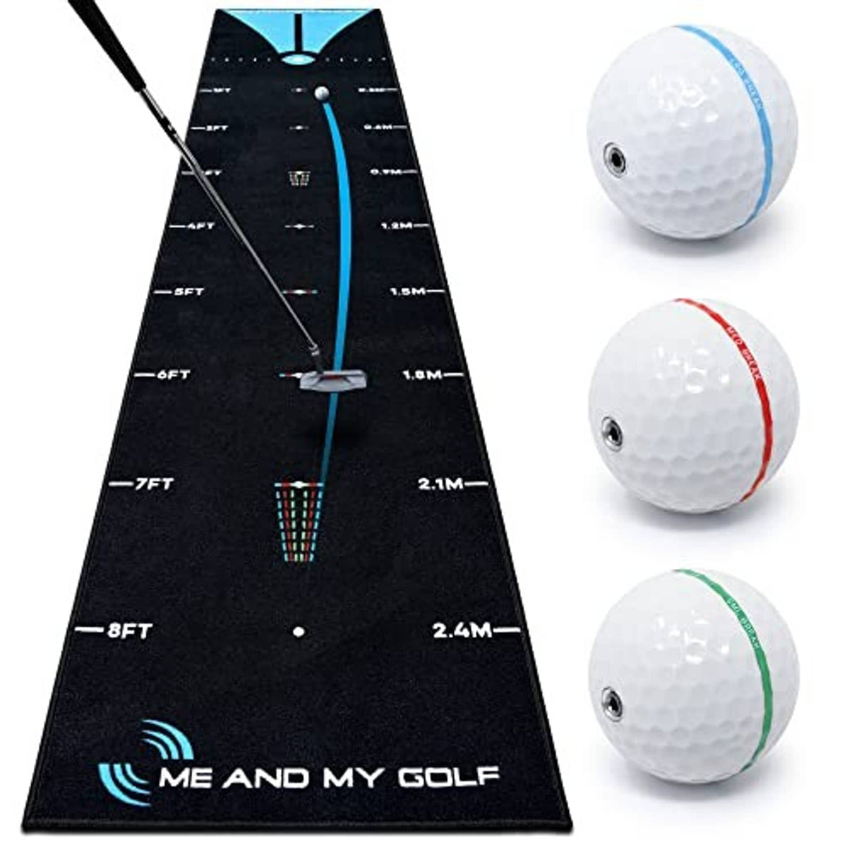 Black putting mat with blue break line and three golf balls on a white background