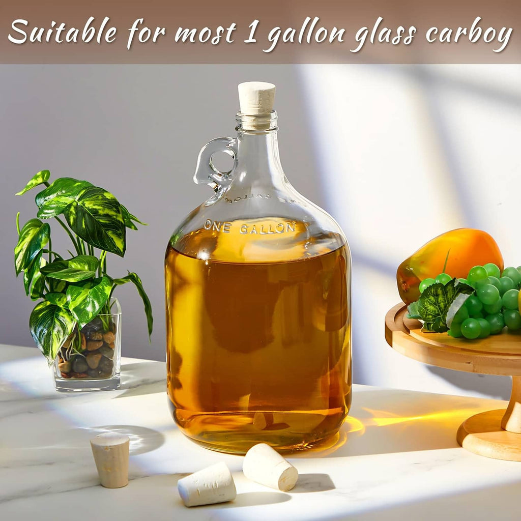 Light brown cork stoppers and clear glass one-gallon carboy bottle for storage