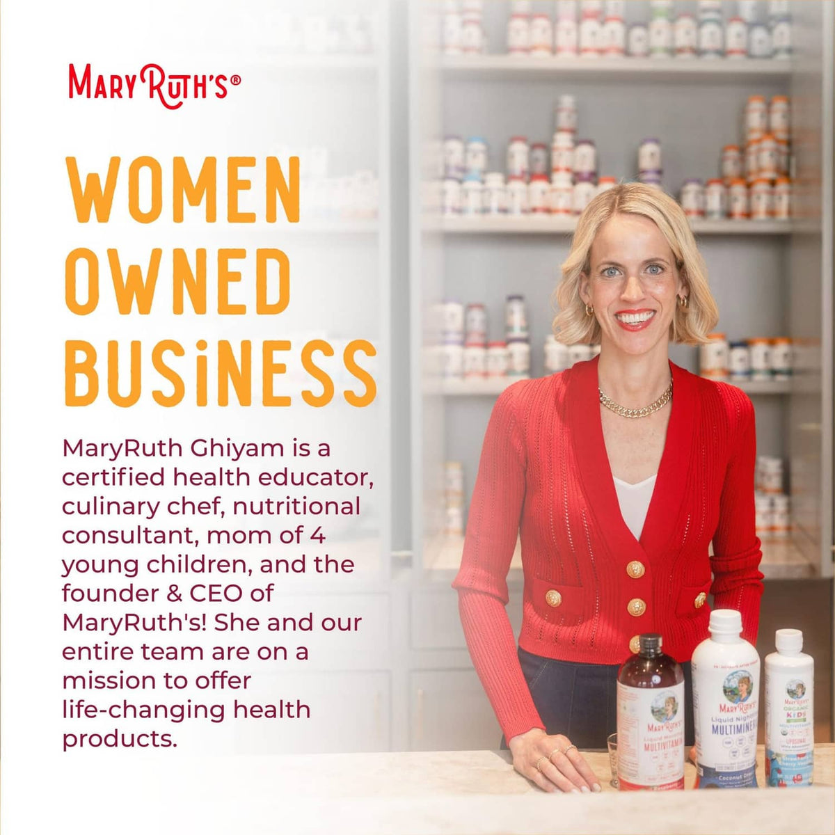 MARYRUTH'S Fiber Gummies bottles on counter with a woman behind them