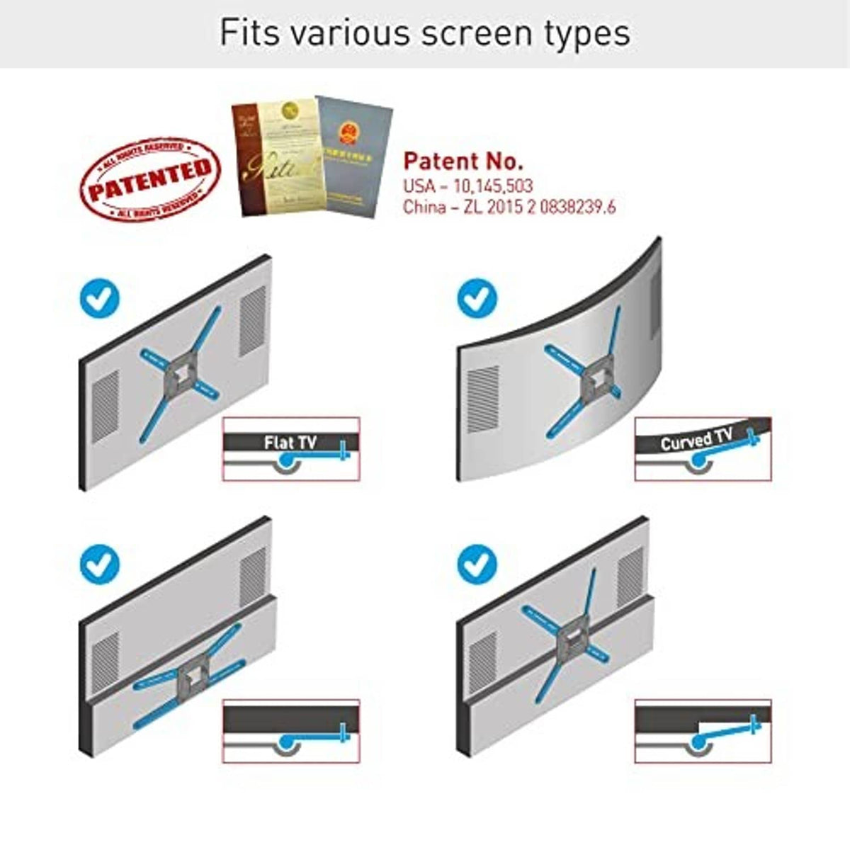 Full-motion TV mount compatibility examples for flat and curved screens