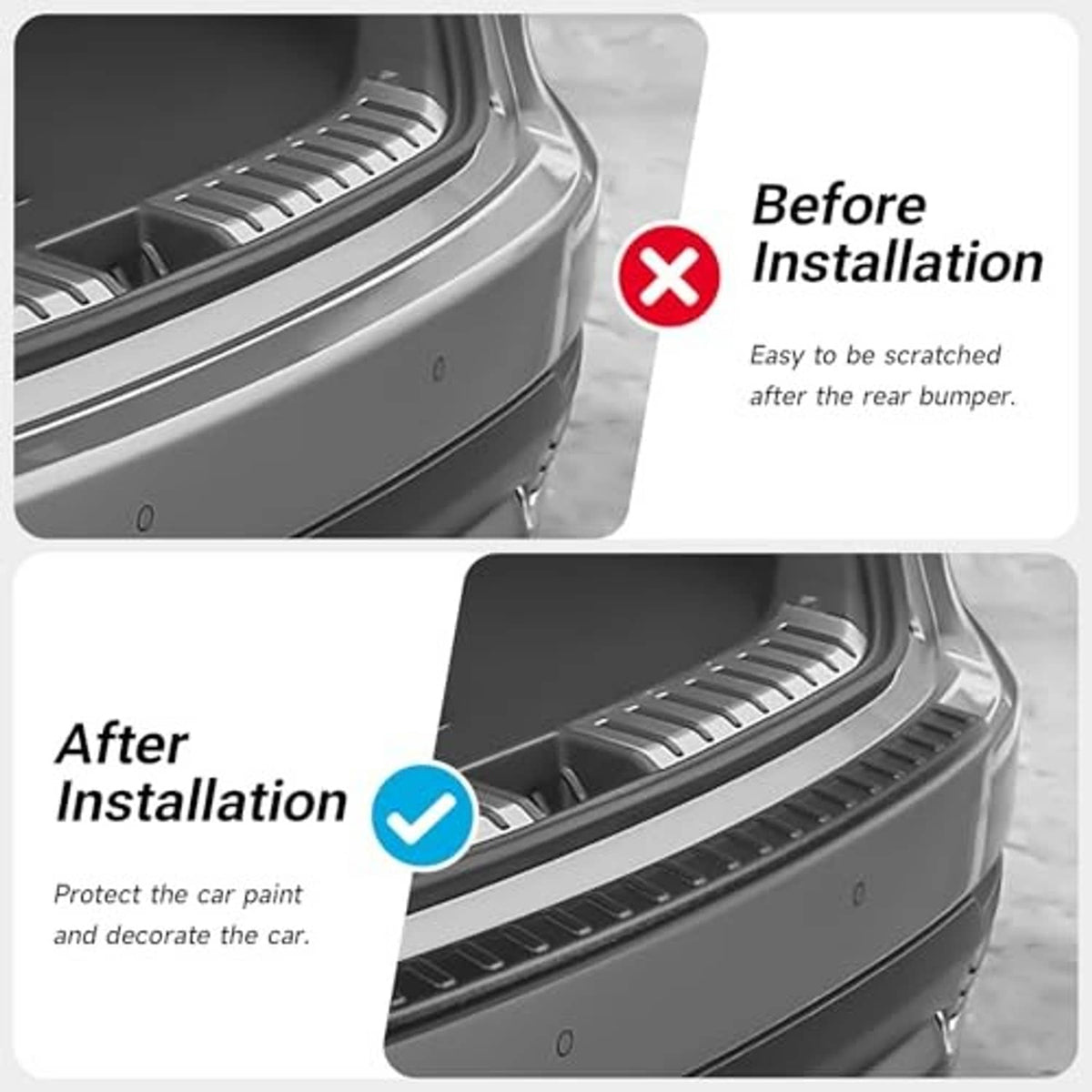 Rear bumper protector installed on dark car bumper, matte black with raised tread pattern