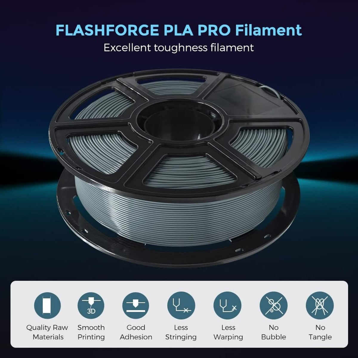 Grey PLA filament spool on a black reel with evenly wound filament