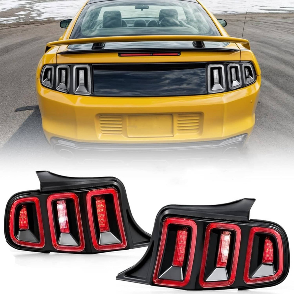 Black LED tail light set with sequential turn signal and red brake lights for Mustang
