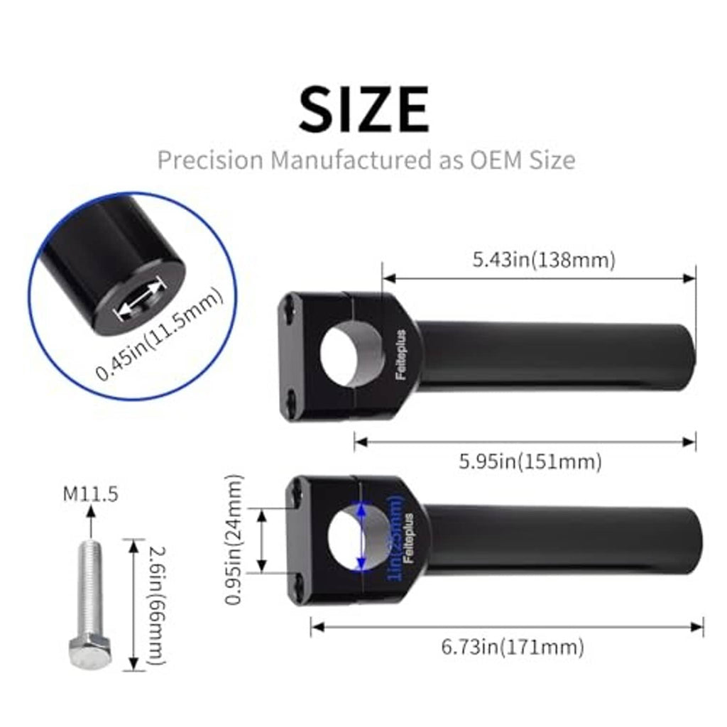 Black handlebar riser dimensions diagram with clamp opening and mounting hardware