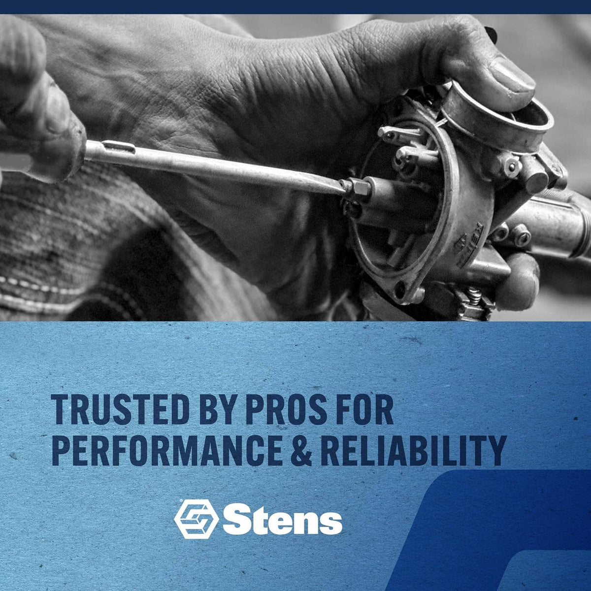 Stens blue label sleeve over grayscale hands working on outdoor power equipment
