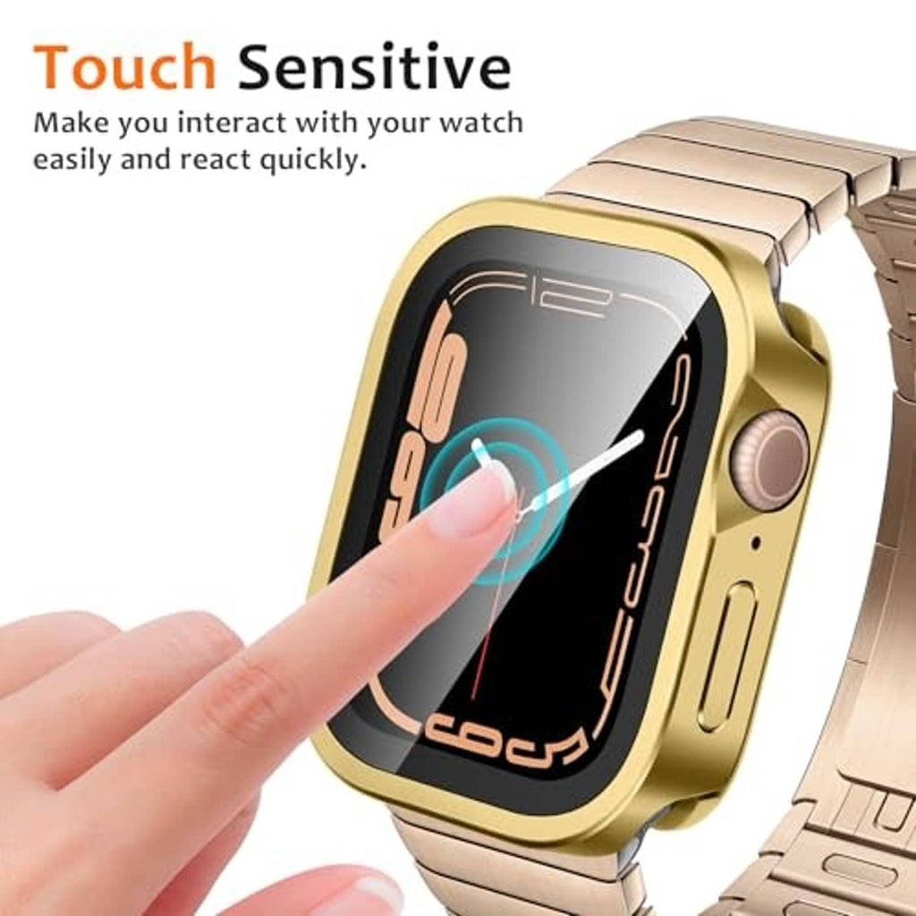 Gold metal Apple Watch 45mm case with clear screen protector and side button cutouts