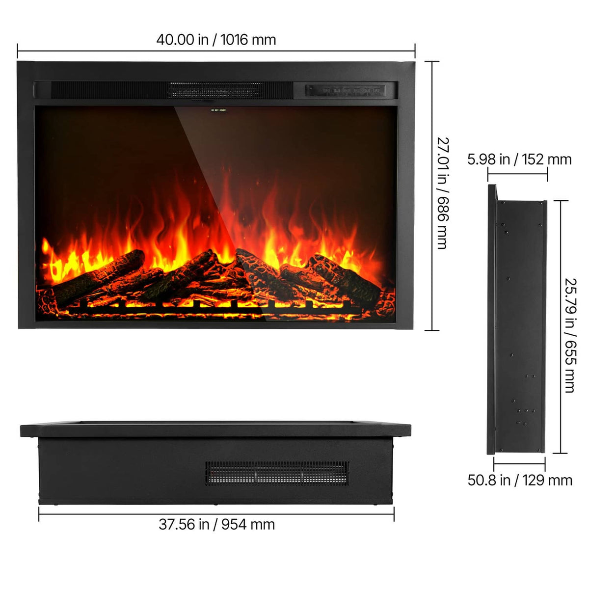 Electric fireplace insert and wall-mount frame with size measurements in inches