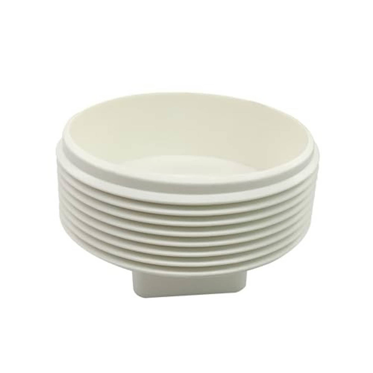White PVC cleanout plug cap with flat rim base and male threads visible around edge