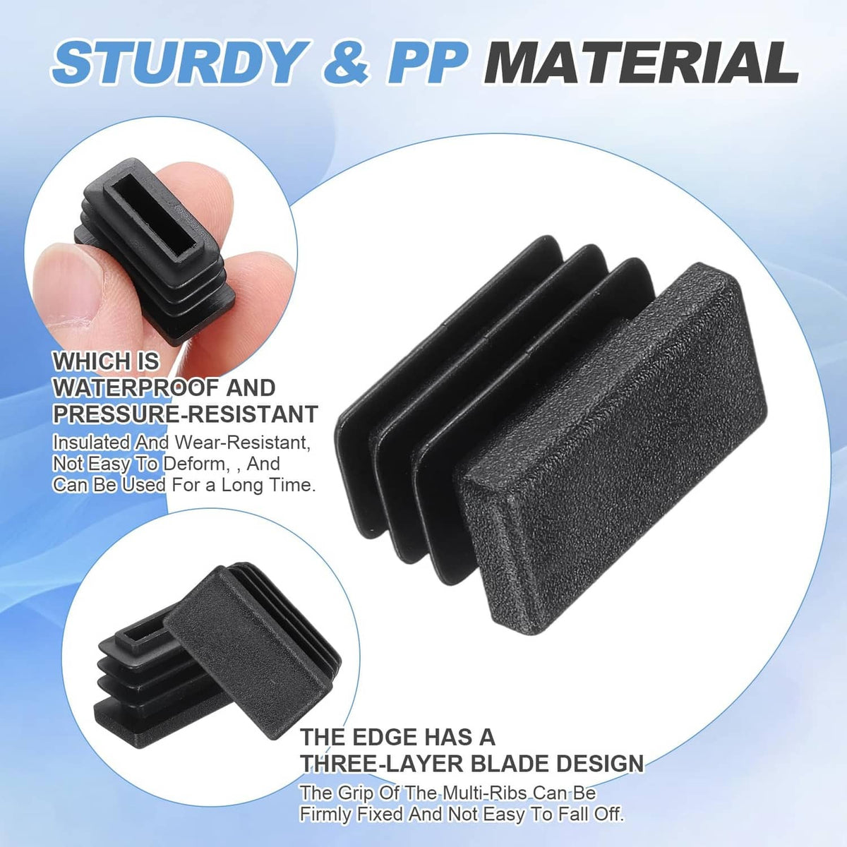 Black rectangle plastic end cap with ribbed grooves and textured top, stacked detail