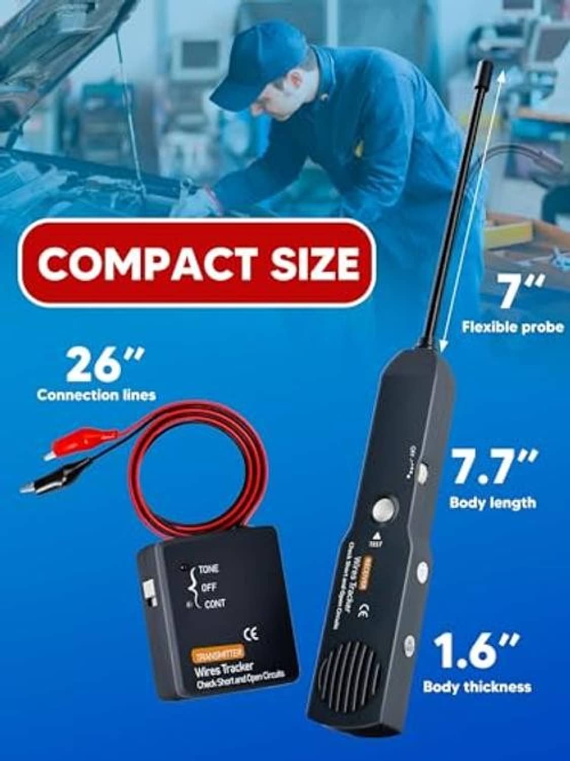 Compact wire tracer kit with flexible probe, receiver unit, and red/black connection line