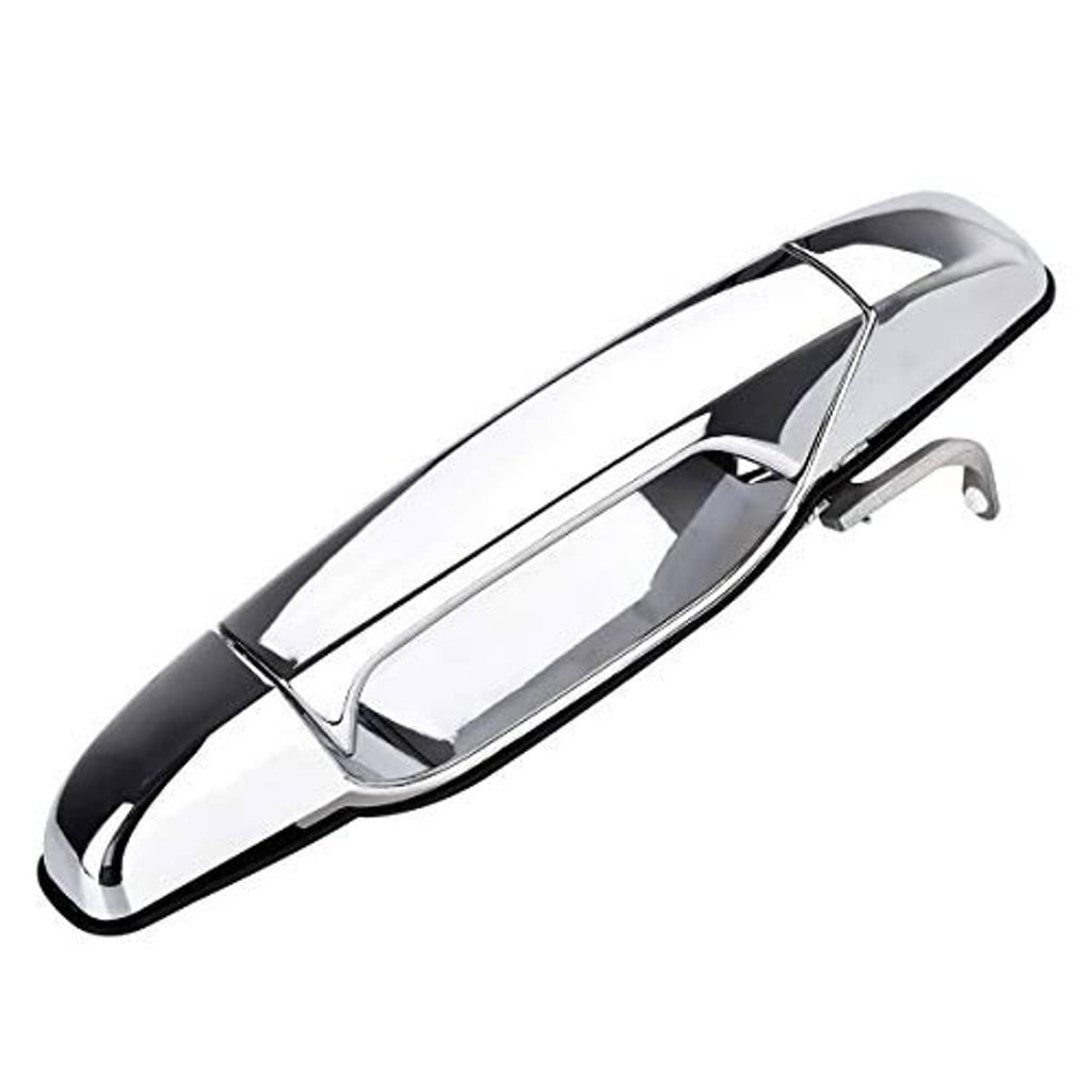 Polished chrome exterior door handle with metal mounting tab on underside