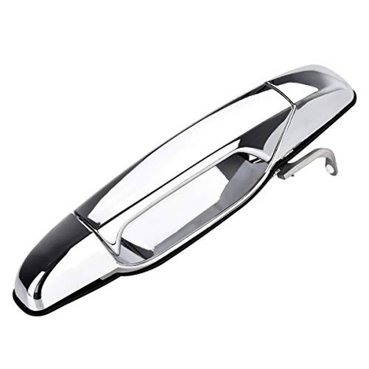 Polished chrome exterior door handle with metal mounting tab on underside