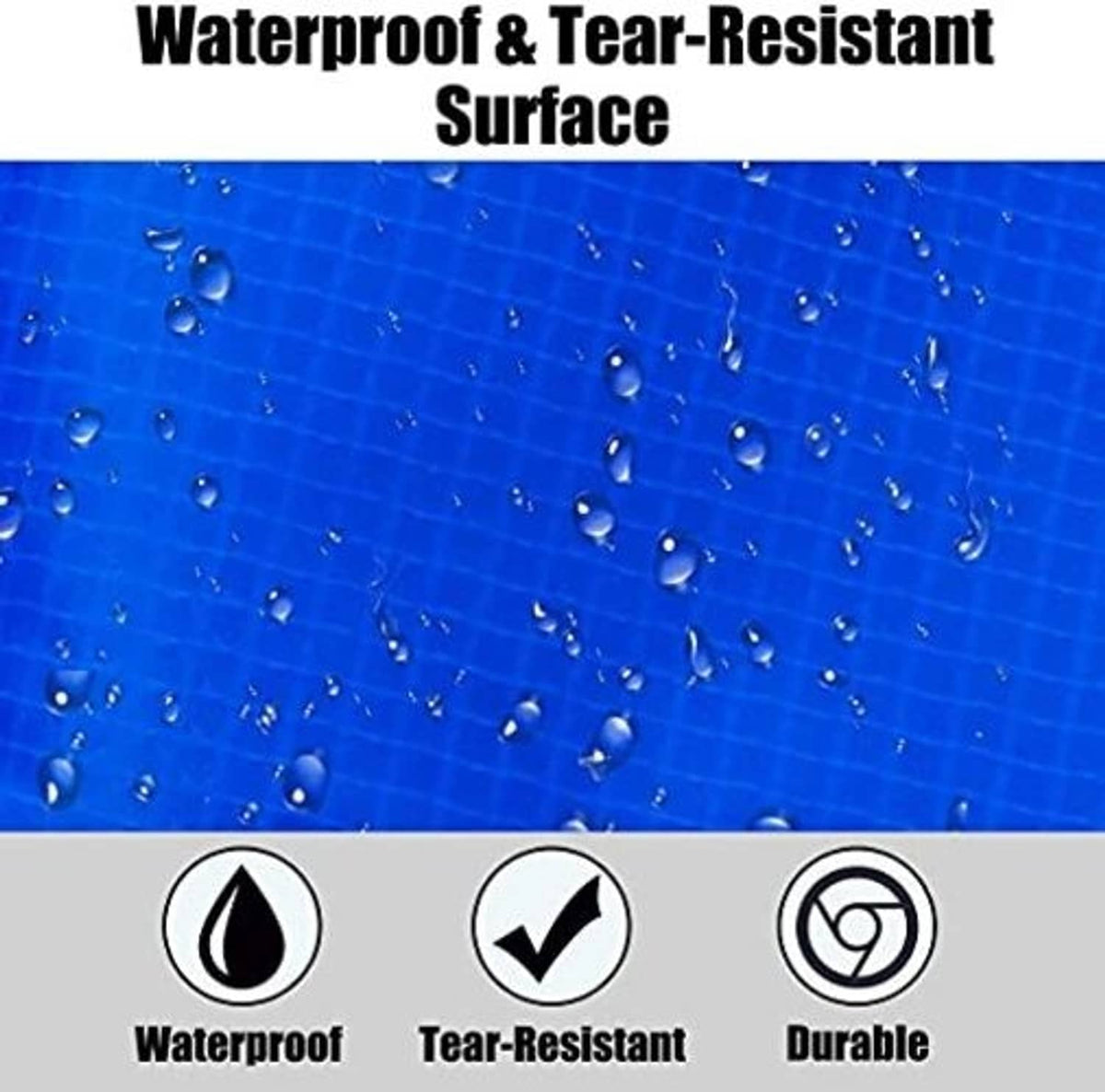 Blue trampoline spring cover pad surface with water droplets for a waterproof look