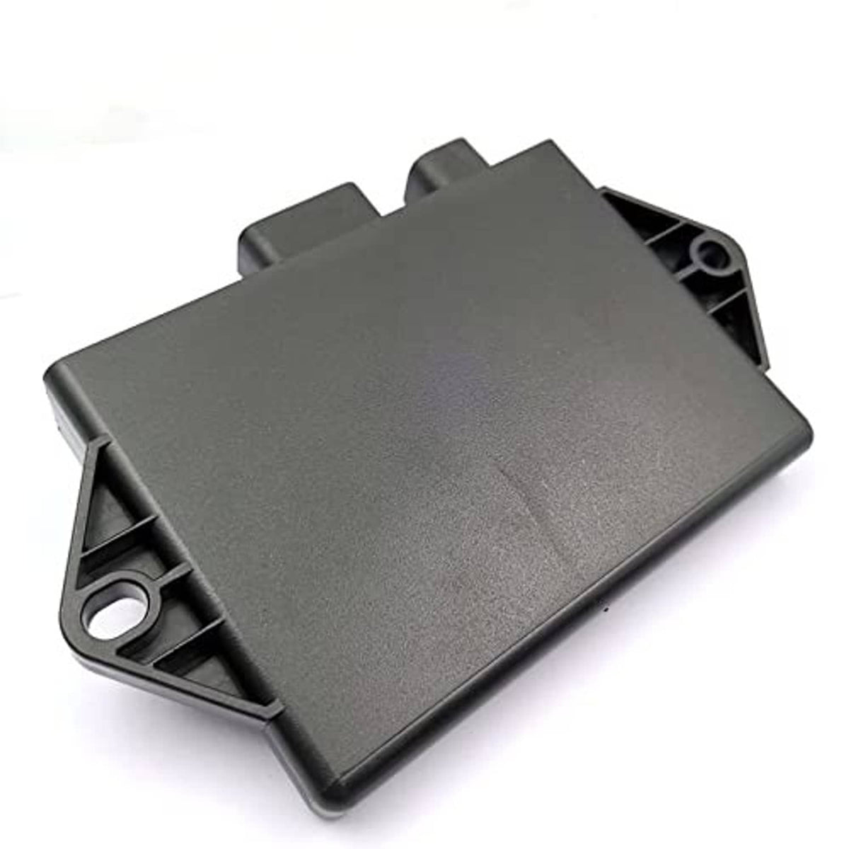 Gray CDI ignitor module box with side clips, tabs, and mounting stud