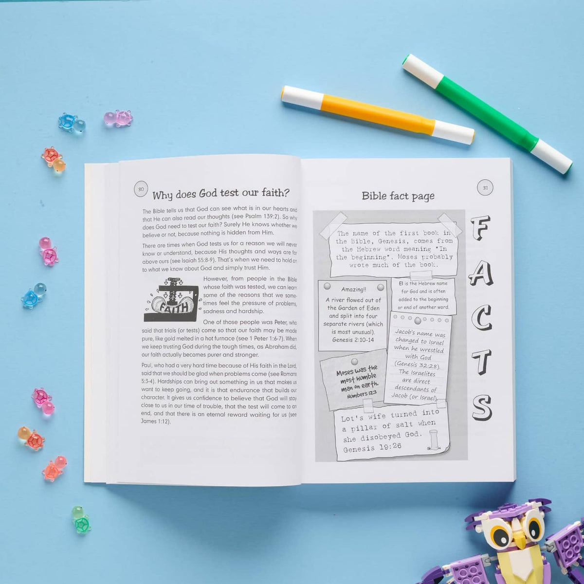 Kids Bible book open to “Faith” and “Facts” pages with highlighted notes