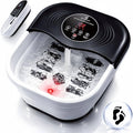 Heated foot spa with bubble jets, black lid, and red light in white basin
