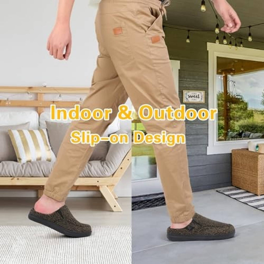 Men’s slip-on slippers worn with tan pants, dark speckled uppers and black soles