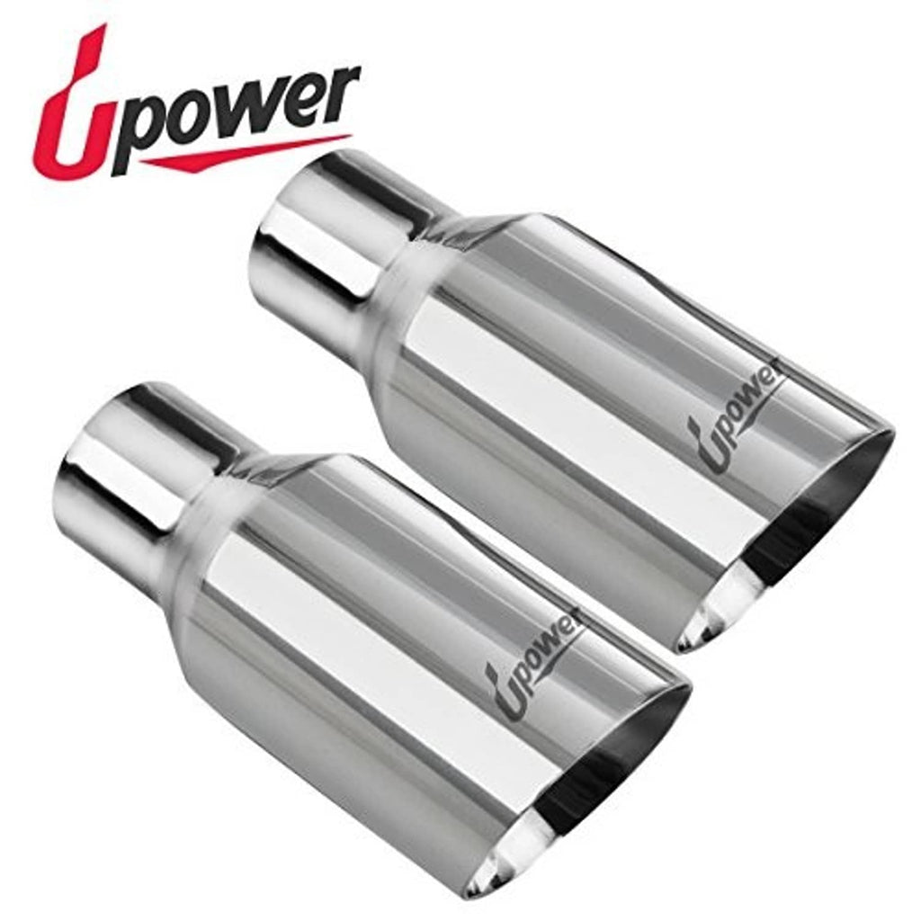 Pair of polished stainless exhaust tips with Upower logo and black outlet openings