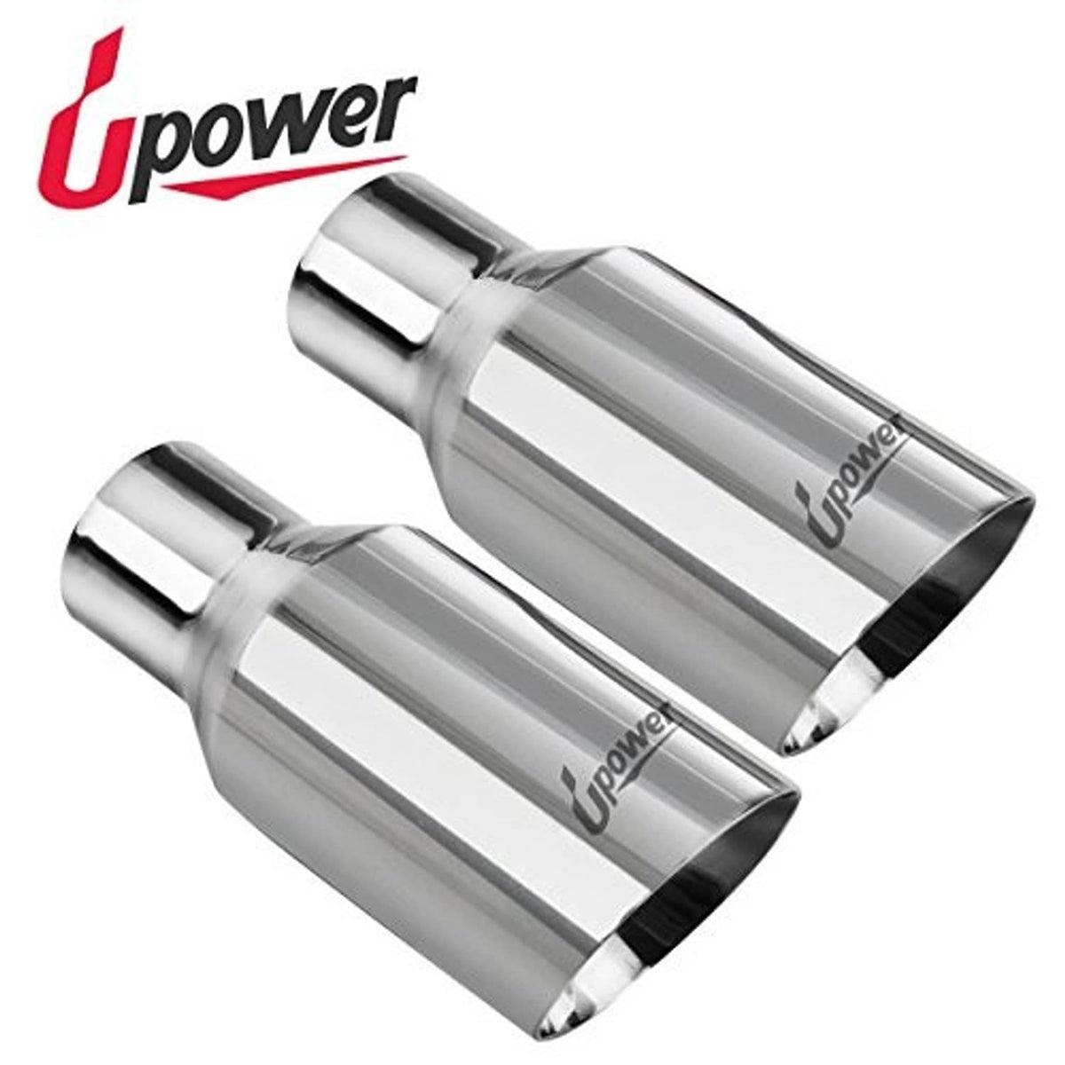Pair of polished stainless exhaust tips with Upower logo and black outlet openings