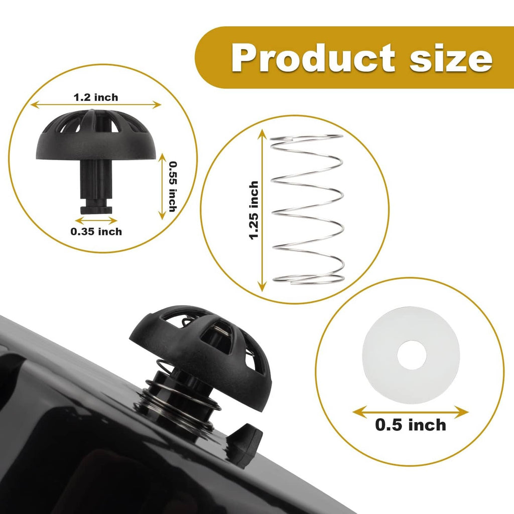 Black brew basket stopper with coil spring and white gasket, shown with dimensions