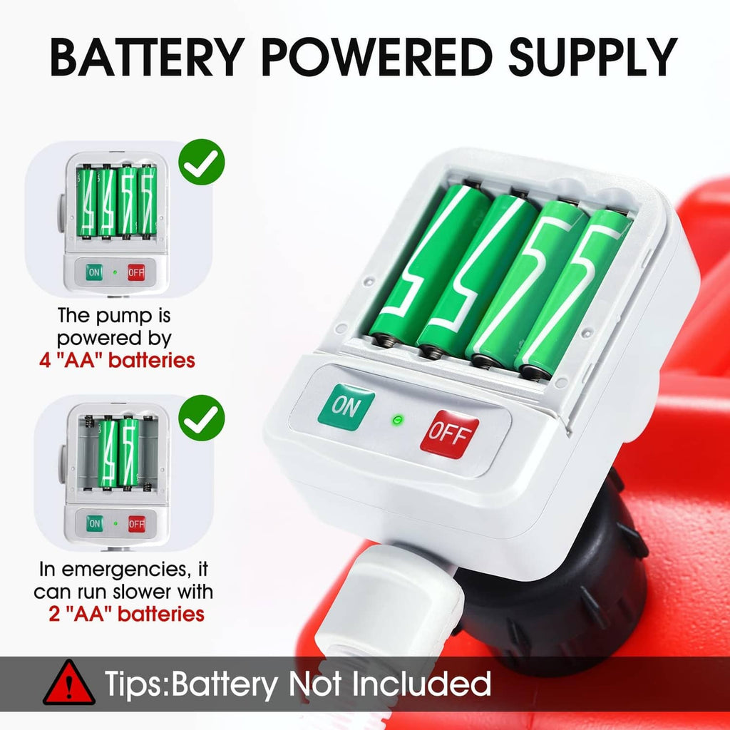 Battery powered fuel transfer pump with visible AA battery compartment