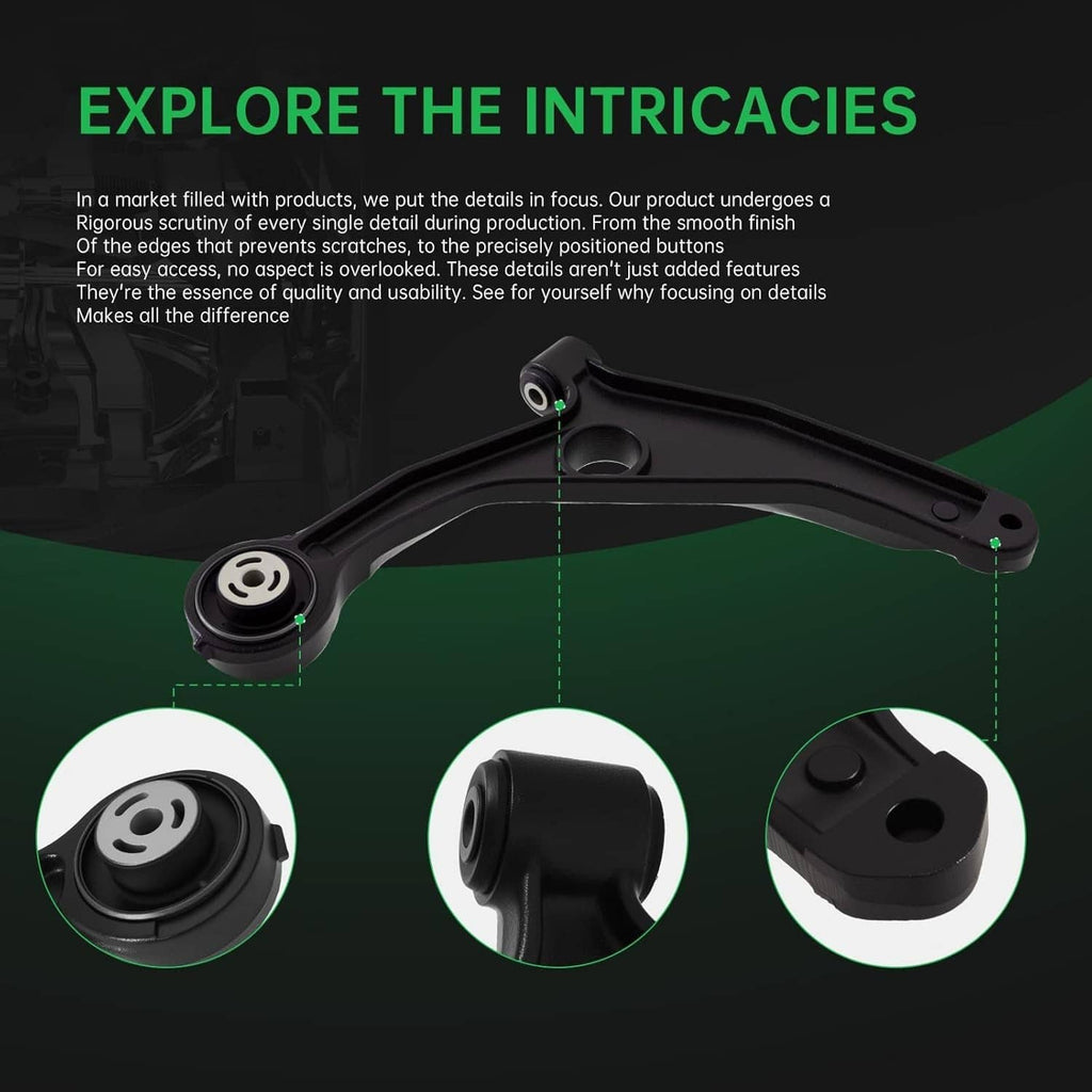 Black control arm with visible bushing details and circular close-up inserts