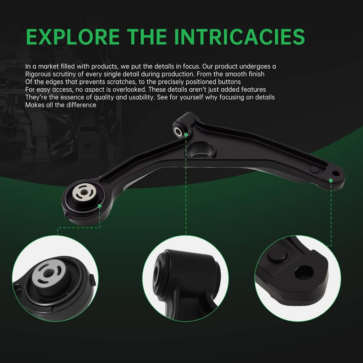 Black control arm with visible bushing details and circular close-up inserts