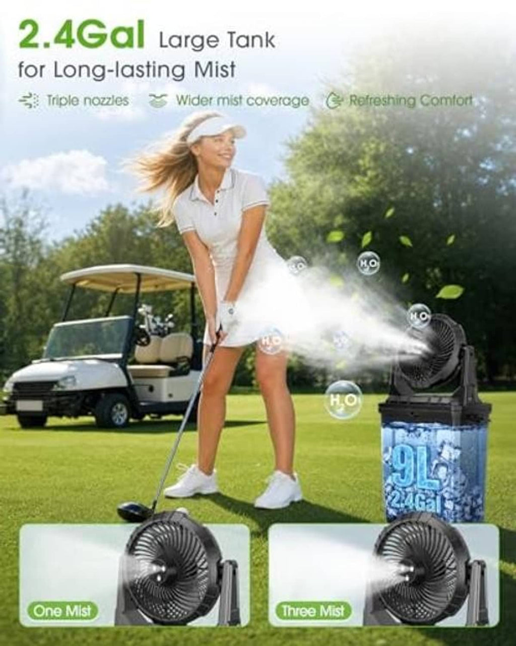 Black misting fan with blue water tank, triple nozzle mist coverage