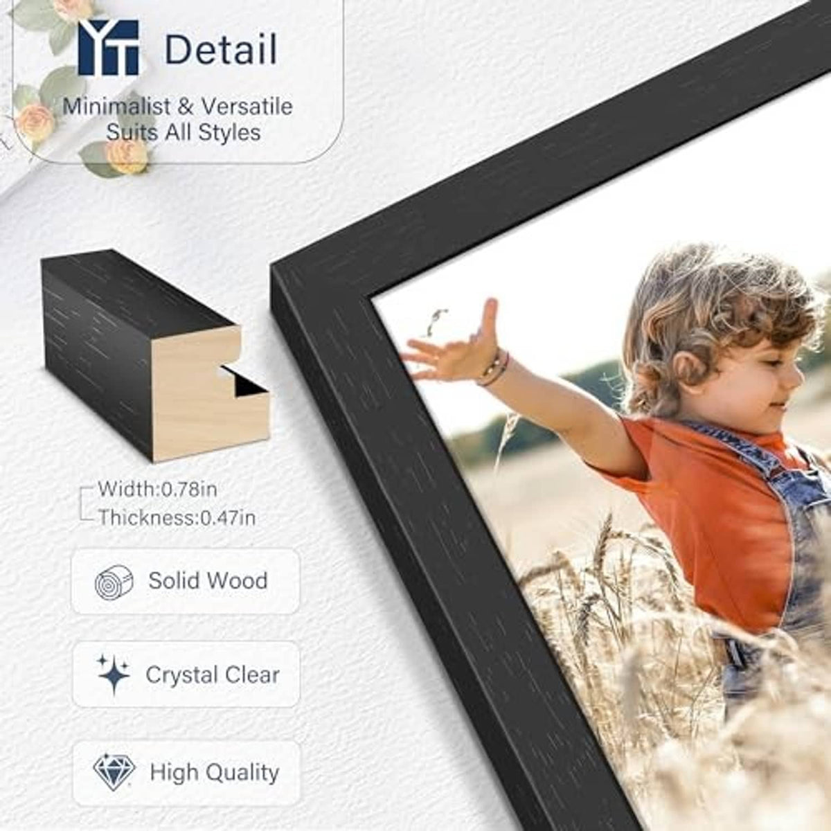 Black solid wood picture frame corner detail with thin textured side profile